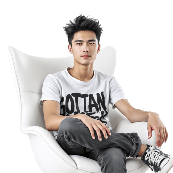 A young man sitting in a chair with his legs crossed png