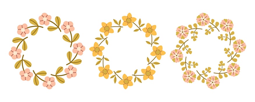 Spring flower circle frame set. Floral circle frame. Hand drawn botanical round border, laurel, wreath with branches, leaves and flowers illustration for wedding invitation, card, logo vector
