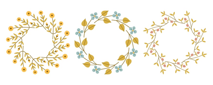 Spring cute flower circle frame set. Floral circle frame. Hand drawn botanical round border, laurel, wreath with branches, leaves and flowers illustration for wedding invitation, card, logo vector