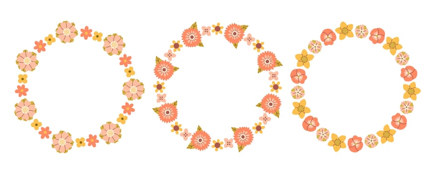 Spring pink flower circle frame set. Floral circle frame. Hand drawn botanical round border, laurel, wreath with branches, leaves and flowers illustration for wedding invitation, card, logo vector