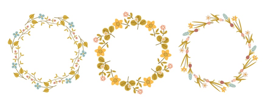 Cute spring flower circle frame set. Floral circle frame. Hand drawn botanical round border, laurel, wreath with branches, leaves and flowers illustration for wedding invitation, card, logo vector