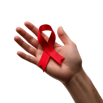 Close Up Of Fingers Gently Holding A Red Awareness Ribbon For A Cause png