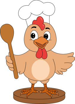 Cartoon chicken with a chef hat and wooden spoon png