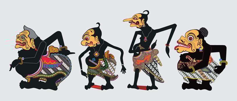 Punakawan Wayang Kulit Indonesian Shadow Puppet Art Form, Semar, Gareng, Petruk, Bagong, Illustration. vector