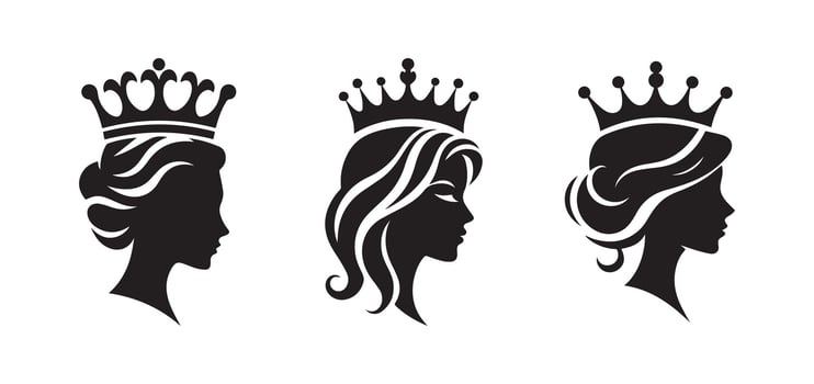 Queen crown black silhouette logo icon isolated on white background, clip art vector