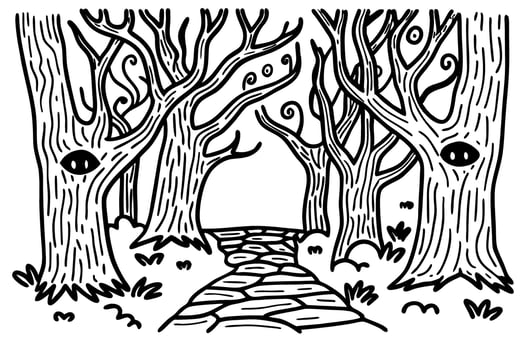 Enchanted forest path with eye decorated trees and winding stone walkway, mystical woodland art vector