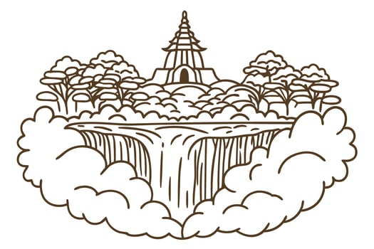 Outline illustration pagoda overlooking waterfall in serene landscape with trees and clouds vector