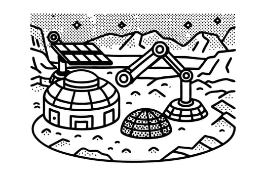 futuristic lunar colony illustration with dome habitats and robotic arm on rocky surface vector