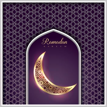 Elegant Ramadan greeting card with Islamic arch and golden crescent vector