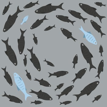 Concept of courage, confidence, success, crowd and creativity. One unique fish swims opposite from identical black ones. vector