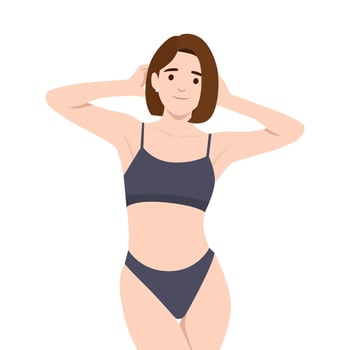 oman with short brown hair strikes a confident pose in a dark bikini with hands behind her head. vector
