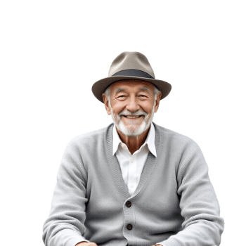 An older man in a hat and sweater sitting on a chair png
