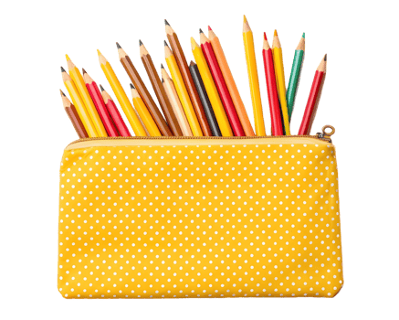 Colorful pencils in yellow polka dot pencil case isolated against a transparent background studio shot png