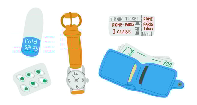 Hand drawn travel essentials set with watch, wallet, medicine, train ticket and cold spray. Concept of personal belongings and must-have items for a journey or vacation vector