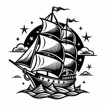 Vintage sailing ship under starry night sky with waves and clouds vector
