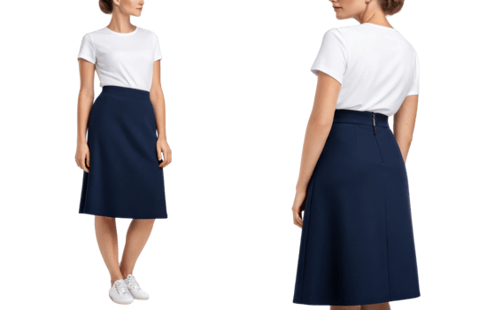 stylish mockup featuring woman wearing navy skirt paired with simple white t shirt, perfect for casual or semi formal occasions png