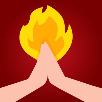 Hands in prayer against a background of fire to the pentecost on a dark red background vector