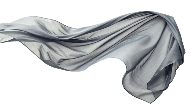 flowing piece of sheer fabric in soft gray tones, creating elegant and airy appearance. fabric movement adds sense of grace and fluidity png