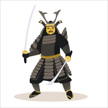 Samurai warrior in traditional Japanese armor with dual katana swords vector