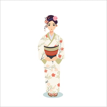 Japanese woman in floral kimono with traditional hairstyle and clothing vector