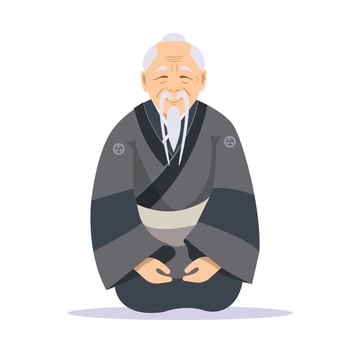 Elderly Japanese man in traditional clothes sitting in respectful pose vector