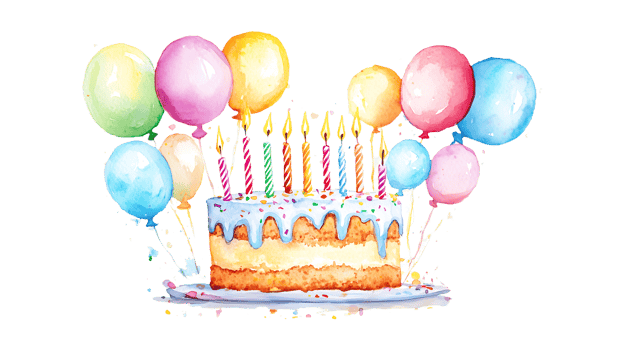 birthday cake with candles and balloons watercolor illustration png