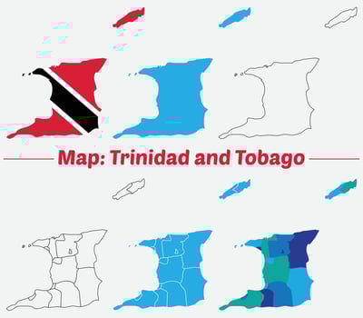 Maps of Trinidad and tobago Flag, Outline, and Regional Divisions, Trinidad and tobago country map set. internal provinces borders marked, Simple map of Trinidad and tobago drawing. vector