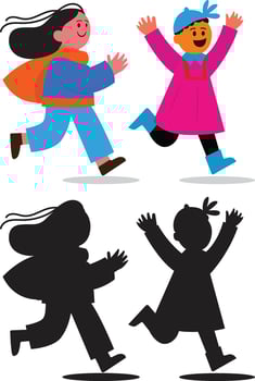 Two children running and their silhouettes, joyful and playful. vector
