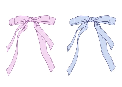 Satin bow made of fabric, narrow in two layers with long twisted ribbons. Graphic sketch illustration hand drawn line art, outline in blue and pink. Single isolated element EPS, for decoration vector