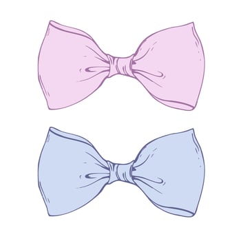 Satin bow-butterfly made of fabric wide ribbon. Graphic sketch illustration hand drawn line art, outline in blue pink. Single isolated element EPS, for hair decoration, clothes, gifts, holidays vector