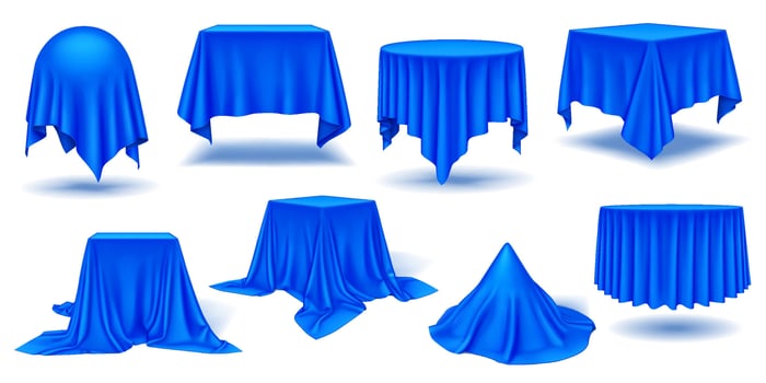 Luxurious blue silk table draping of geometric shapes realistic color icons set. Atmosphere of anticipation 3d objects bundle on white background vector