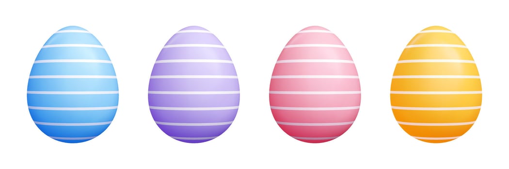 Striped 3D Easter eggs collection - pastel blue, purple, pink, yellow realistic eggs with white horizontal stripes. vector