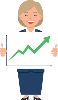 Confident businesswoman holding a growth chart with thumbs up in flat art vector