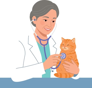 Veterinarian examining a cheerful orange cat with a stethoscope in flat art vector
