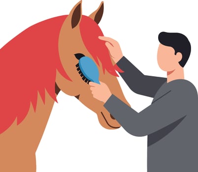 A person grooming a horse with a blue brush in a minimal illustration vector