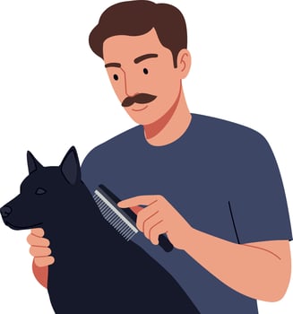 A man grooming a black dog in a flat illustration showcasing care and companionship vector