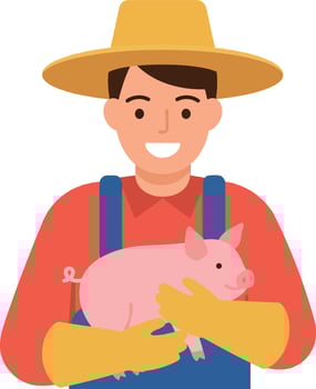 Farmer holding a pink pig wearing yellow gloves in a cheerful flat illustration vector