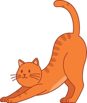 Playful orange cat stretching in a flat and minimal design style illustration vector