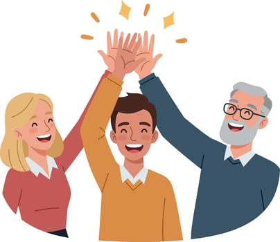 Three cheerful people celebrating success with high-fives in a colorful flat illustration vector