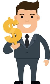 Businessman in a suit holding a golden dollar sign in a cheerful, flat illustration vector