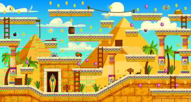 2D arcade game, Egyptian pyramids and level map vector