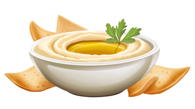 A creamy dip served in a bowl with chips garnished with fresh herbs and olive oil for appetize png