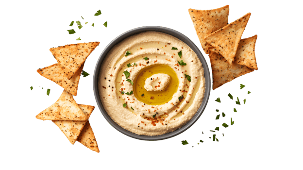 Delicious Hummus with Olive Oil and Crispy Chips Garnished with Fresh Herbs for Appetizer or S png