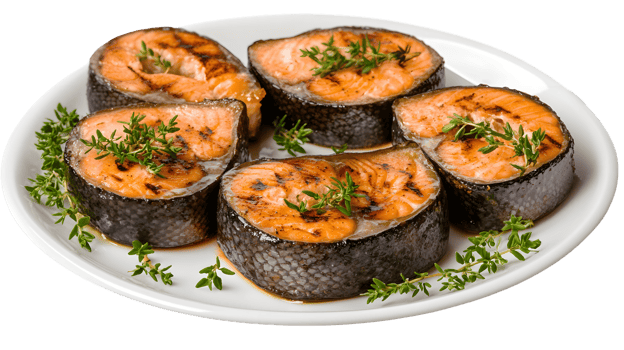 Grilled Salmon Steaks with Thyme Garnish on White Plate png