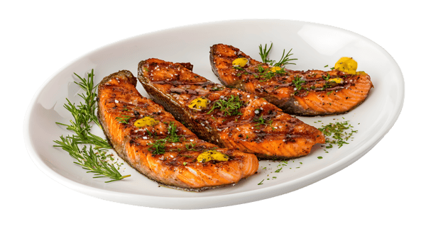 Grilled Salmon Fillet with Herbs and Sauce on White Plate png