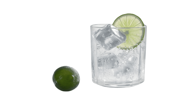 Refreshing Glass of Ice Water with Lime Slices and a Whole Lime on a Black Background png