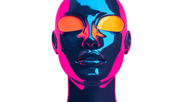 Futuristic colorful mannequin head with glowing eyes, cut out transparent png