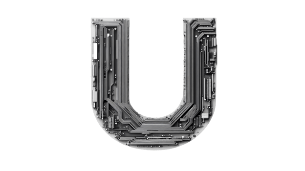 Letter U, digital motherboard, circuit board design, cut out transparent png