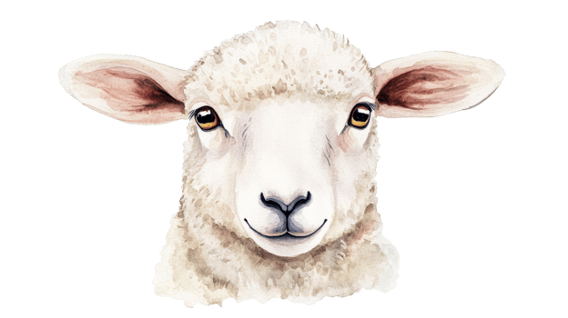 Watercolor sheep illustration, close-up portrait, white wool, farm animal, cut out transparent png