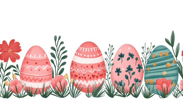 Decorative Easter eggs and flowers, springtime colors, cut out transparent png